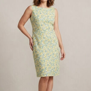 VTG 90s Casual Corner Annex Floral Dress Sz 16 Yellow Blue Cotton Lined Side Zip